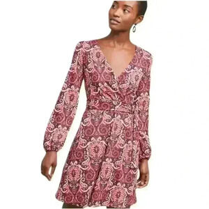 Anthropologie Maeve Purple Pink Paisley V Neck Long Sleeve Dress Size XS